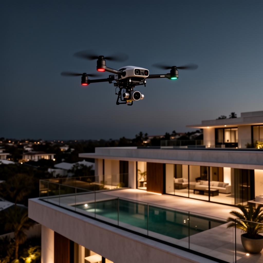 Drone performing a roof inspection over a modern luxury home