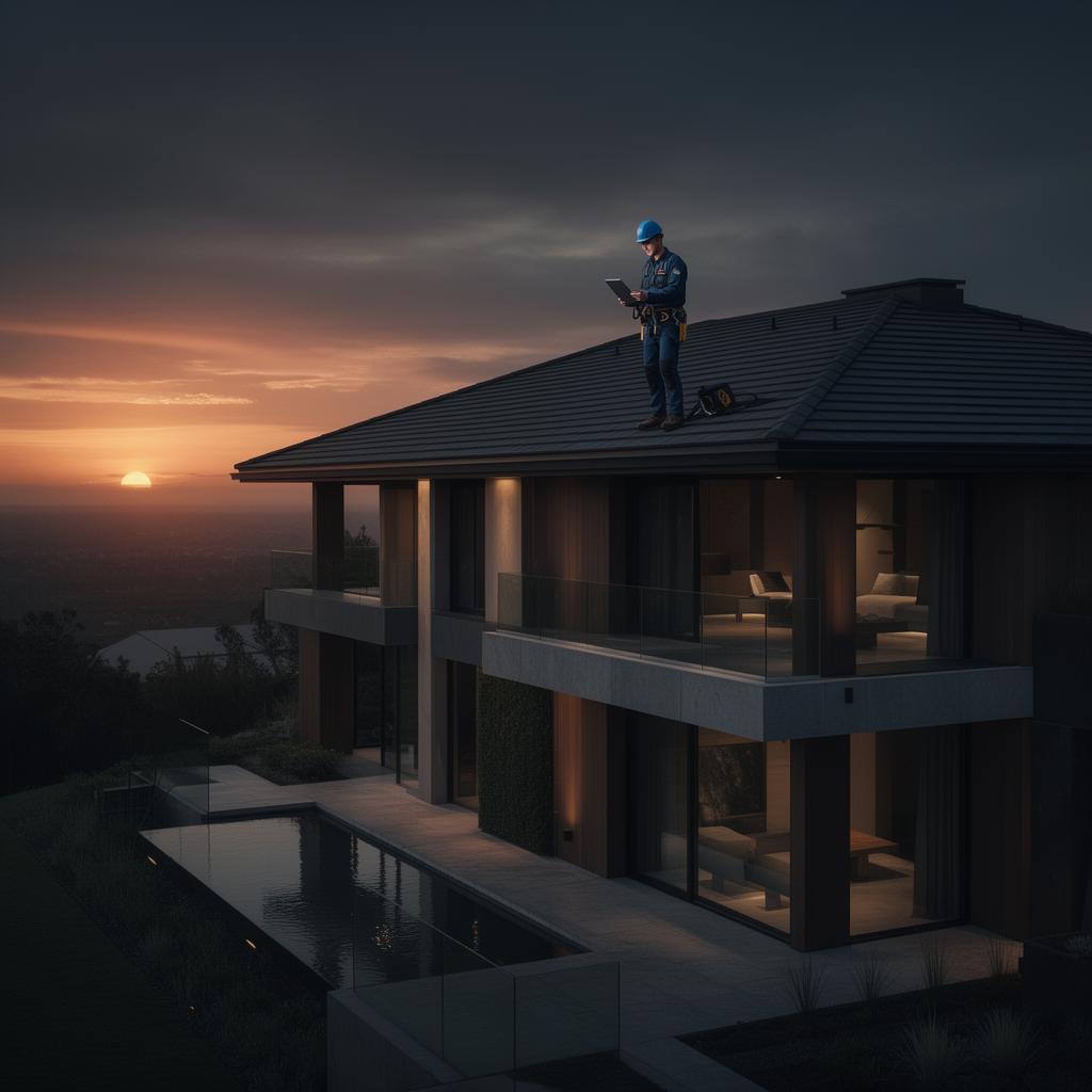 Roof inspector documenting findings on a luxury home